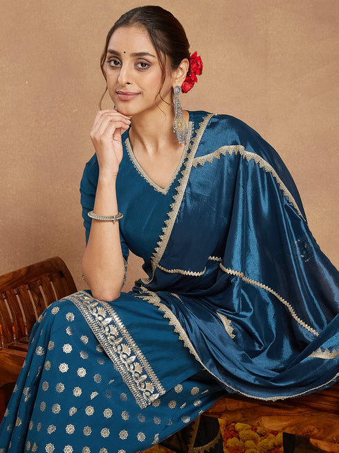Janasya Women's Teal Blue Silk Blend Embellished Straight Kurta With Sharaa & Dupatta Set
